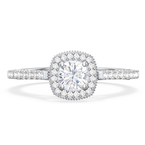 Classic Diamond Engagement Ring with Pave Accented Halo and Initial Setting - "The Brigitte" – 10K White Gold with Lab Diamond