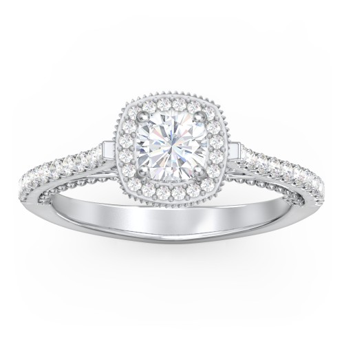 Classic Diamond Engagement Ring with Pave Accented Halo and Initial Setting - "The Brigitte" – 10K White Gold with Lab Diamond