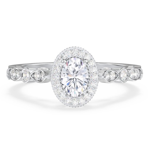 Vintage Diamond Engagement Ring with Accents and Halo Setting - "The Audrey" – 10K White Gold with Lab Diamond