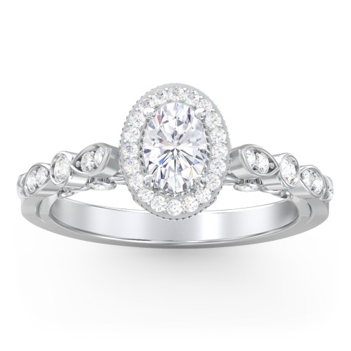 Vintage Diamond Engagement Ring with Accents and Halo Setting - "The Audrey" – 10K White Gold with Lab Diamond