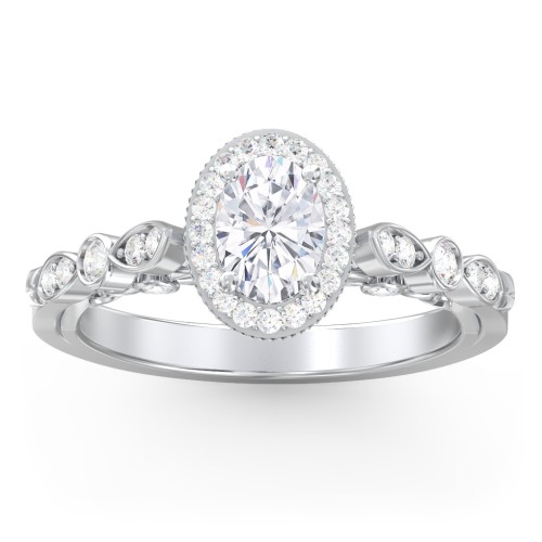 Vintage Diamond Engagement Ring with Accents and Halo Setting - "The Audrey" – 10K White Gold with Lab Diamond