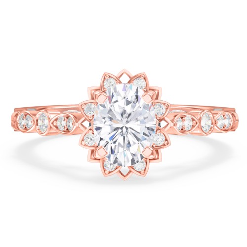 Vintage Solitaire Diamond Engagement Ring with Accents and Floral Setting - "The Audrey" – 14K Rose Gold with Lab Diamond