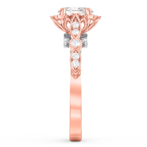 Vintage Solitaire Diamond Engagement Ring with Accents and Floral Setting - "The Audrey" – 14K Rose Gold with Lab Diamond