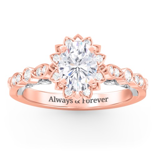Vintage Solitaire Diamond Engagement Ring with Accents and Floral Setting - "The Audrey" – 14K Rose Gold with Lab Diamond