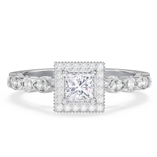 Vintage Diamond Engagement Ring with Accents and Halo Setting - "The Audrey" – 10K White Gold with Lab Diamond