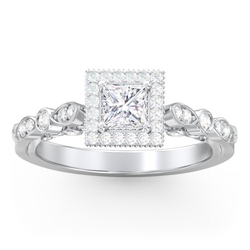 Vintage Diamond Engagement Ring with Accents and Halo Setting - "The Audrey" – 10K White Gold with Lab Diamond