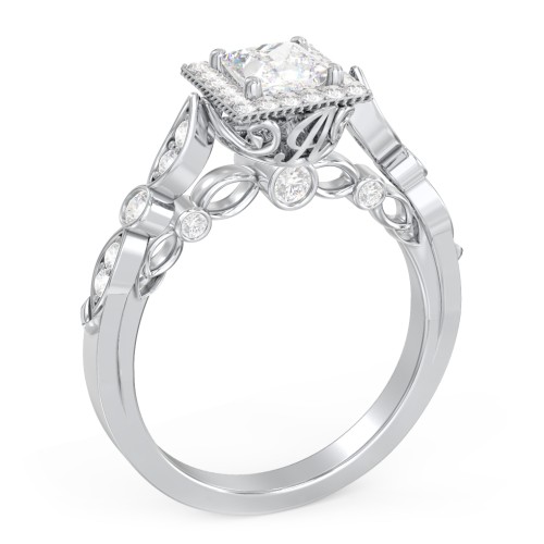 Vintage Diamond Engagement Ring with Accents and Halo Setting - "The Audrey" – 10K White Gold with Lab Diamond