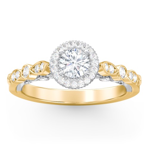 Vintage Diamond Engagement Ring with Accents and Halo Setting - "The Audrey" – 10K Yellow Gold with Lab Diamond