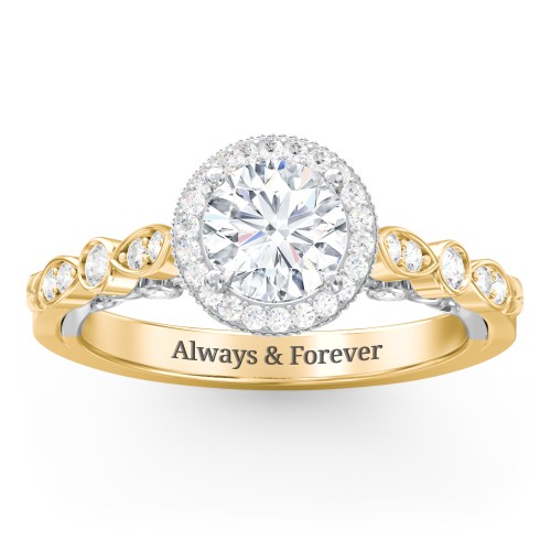 Vintage Diamond Engagement Ring with Accents and Halo Setting - "The Audrey" – 10K Yellow Gold with Lab Diamond