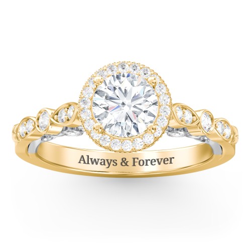 Vintage Diamond Engagement Ring with Accents and Halo Setting - "The Audrey" – 14K Yellow Gold with Lab Diamond