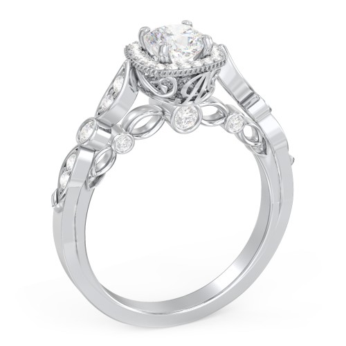 Vintage Diamond Engagement Ring with Accents and Halo Setting - "The Audrey" – 10K White Gold with Lab Diamond