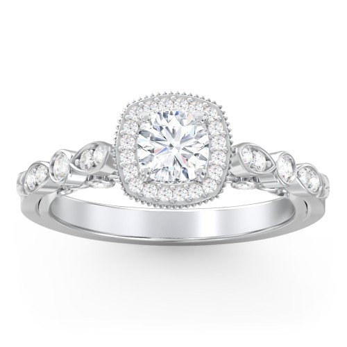 Vintage Diamond Engagement Ring with Accents and Halo Setting - "The Audrey" – 10K White Gold with Lab Diamond