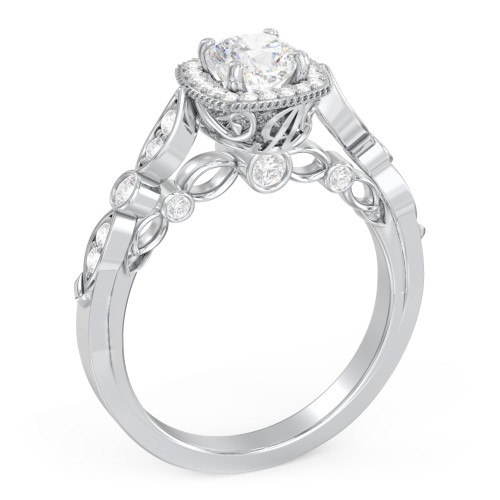 Vintage Diamond Engagement Ring with Accents and Halo Setting - "The Audrey" – 10K White Gold with Lab Diamond