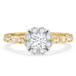 Vintage Solitaire Diamond Engagement Ring with Accents and Floral Setting - "The Audrey" in 10K Solid Yellow Gold