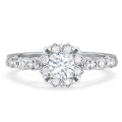 Vintage Solitaire Diamond Engagement Ring with Accents and Floral Setting - "The Audrey" – 10K White Gold with Lab Diamond
