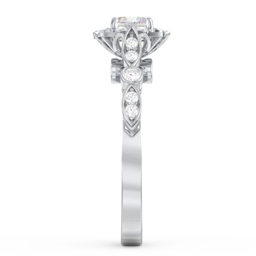 Vintage Solitaire Diamond Engagement Ring with Accents and Floral Setting - "The Audrey" – 10K White Gold with Lab Diamond
