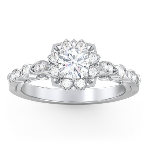 Vintage Solitaire Diamond Engagement Ring with Accents and Floral Setting - "The Audrey" – 10K White Gold with Lab Diamond
