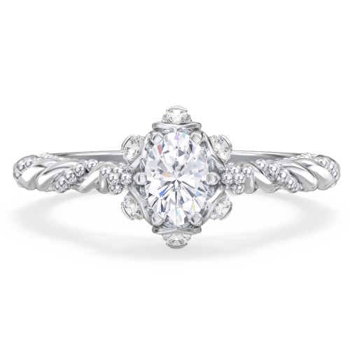 Vintage Solitaire Diamond Engagement Ring with Accents and Floral Setting - "The Rita" – 10K White Gold with Lab Diamond