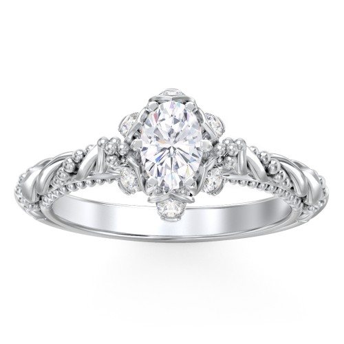 Vintage Solitaire Diamond Engagement Ring with Accents and Floral Setting - "The Rita" – 10K White Gold with Lab Diamond