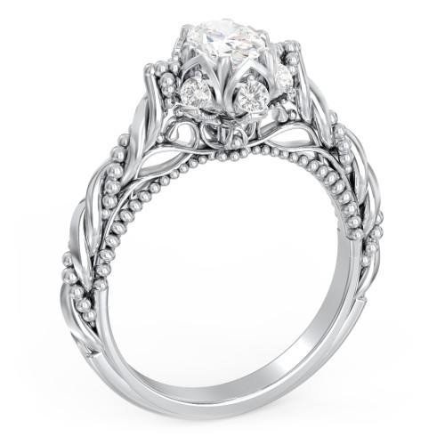 Vintage Solitaire Diamond Engagement Ring with Accents and Floral Setting - "The Rita" – 10K White Gold with Lab Diamond