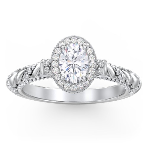 Vintage Diamond Engagement Ring with Accents and Halo Setting - "The Rita" – 10K White Gold with Lab Diamond