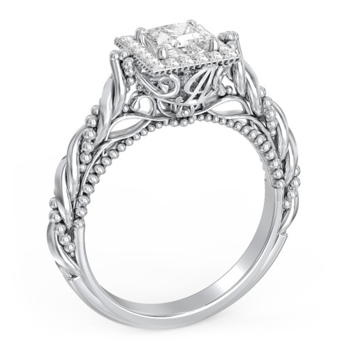 Vintage Diamond Engagement Ring with Accents and Halo Setting - "The Rita" – 10K White Gold with Lab Diamond