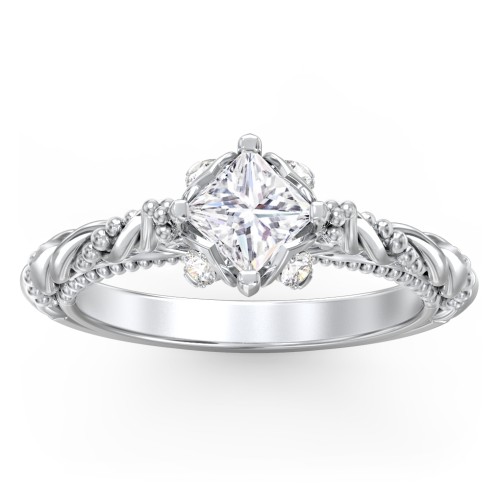Vintage Solitaire Diamond Engagement Ring with Accents and Floral Setting - "The Rita" – 10K White Gold with Lab Diamond