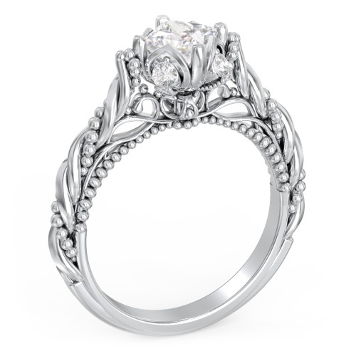 Vintage Solitaire Diamond Engagement Ring with Accents and Floral Setting - "The Rita" – 10K White Gold with Lab Diamond
