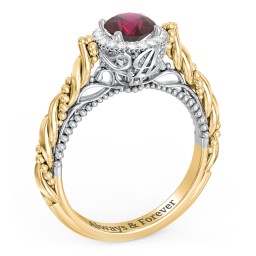 Vintage Diamond Engagement Ring with Accents and Halo Setting - "The Rita" in 10K Solid Yellow Gold with 07RUBY-RD-0.70 and Lab Diamond