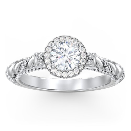 Vintage Diamond Engagement Ring with Accents and Halo Setting - "The Rita" – 10K White Gold with Lab Diamond