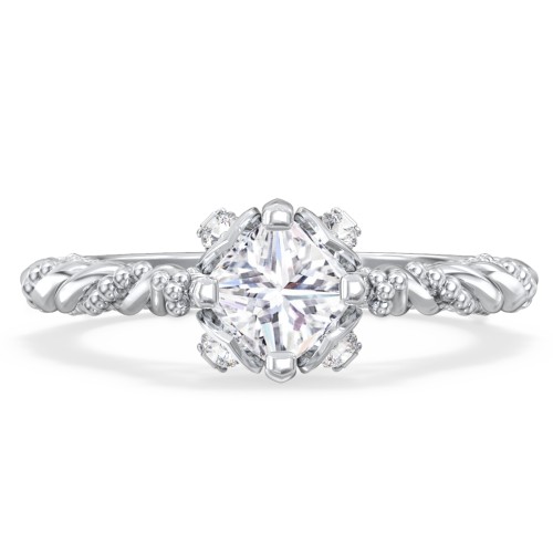 Vintage Solitaire Diamond Engagement Ring with Accents and Floral Setting - "The Rita" – 10K White Gold with Lab Diamond