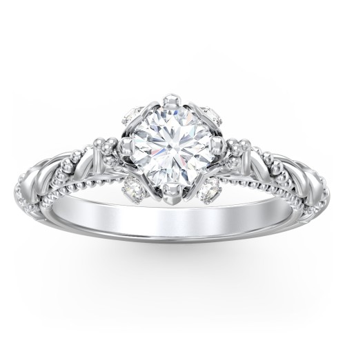 Vintage Solitaire Diamond Engagement Ring with Accents and Floral Setting - "The Rita" – 10K White Gold with Lab Diamond