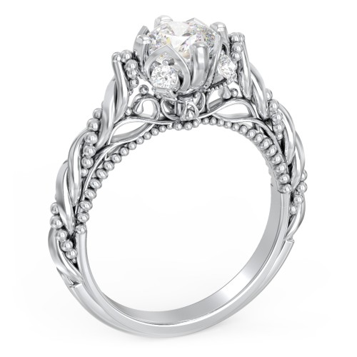 Vintage Solitaire Diamond Engagement Ring with Accents and Floral Setting - "The Rita" – 10K White Gold with Lab Diamond