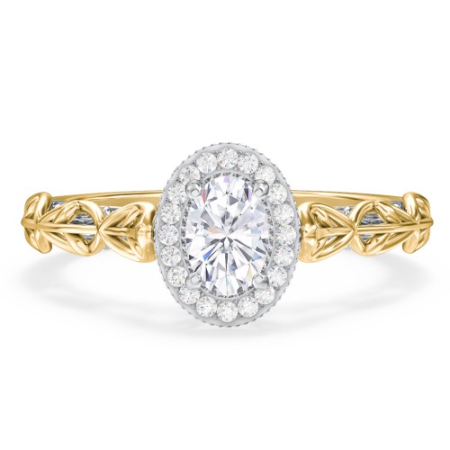 Diamond Halo Engagement Ring with Leaf and Vine Details - "The Ava" – 10K Yellow Gold with Lab Diamond