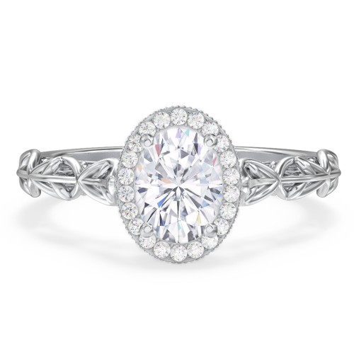 Diamond Halo Engagement Ring with Leaf and Vine Details - "The Ava"