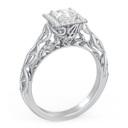 Diamond Halo Engagement Ring with Leaf and Vine Details - "The Ava"