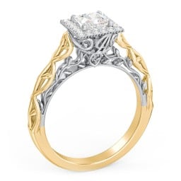 Diamond Halo Engagement Ring with Leaf and Vine Details - "The Ava"