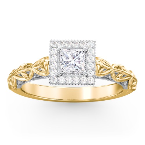 Diamond Halo Engagement Ring with Leaf and Vine Details - "The Ava" – 10K Yellow Gold with Lab Diamond