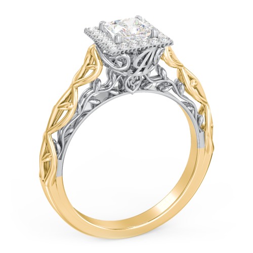 Diamond Halo Engagement Ring with Leaf and Vine Details - "The Ava" – 10K Yellow Gold with Lab Diamond