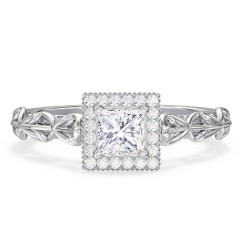 Diamond Halo Engagement Ring with Leaf and Vine Details - "The Ava" – 10K White Gold with Lab Diamond