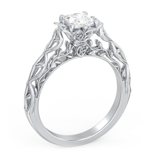 Solitaire Diamond Engagement Ring with Leaf and Vine Details - "The Ava"
