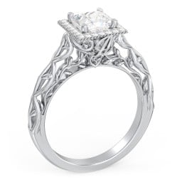 Diamond Halo Engagement Ring with Leaf and Vine Details - "The Ava"
