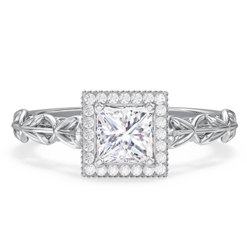 Diamond Halo Engagement Ring with Leaf and Vine Details - "The Ava" – 10K White Gold with Lab Diamond