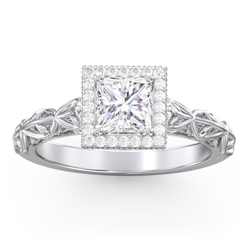Diamond Halo Engagement Ring with Leaf and Vine Details - "The Ava" – 10K White Gold with Lab Diamond