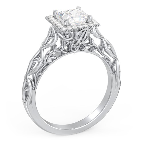 Diamond Halo Engagement Ring with Leaf and Vine Details - "The Ava" – 10K White Gold with Lab Diamond