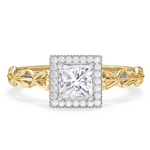 Diamond Halo Engagement Ring with Leaf and Vine Details - "The Ava" – 10K Yellow Gold with Lab Diamond