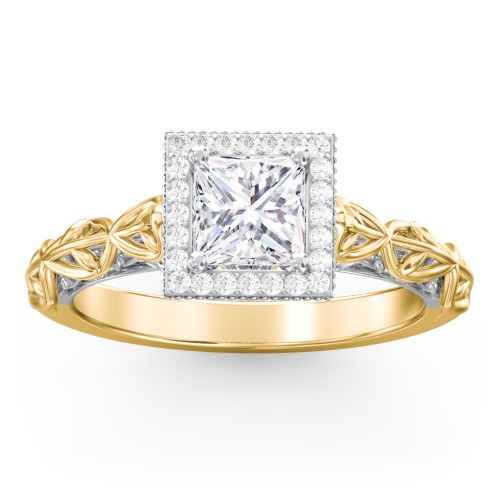 Diamond Halo Engagement Ring with Leaf and Vine Details - "The Ava" – 10K Yellow Gold with Lab Diamond