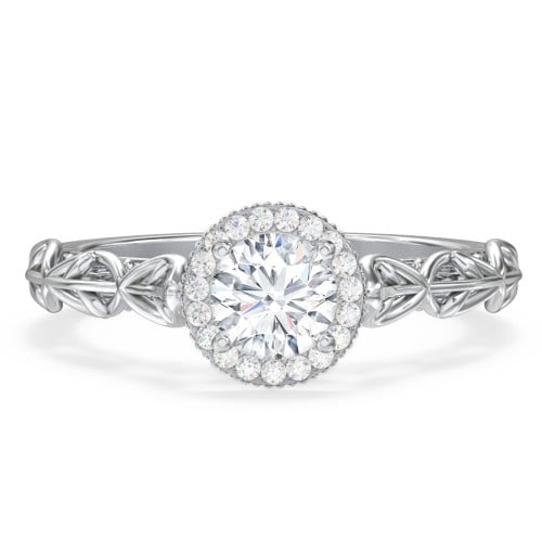 Diamond Halo Engagement Ring with Leaf and Vine Details - "The Ava"