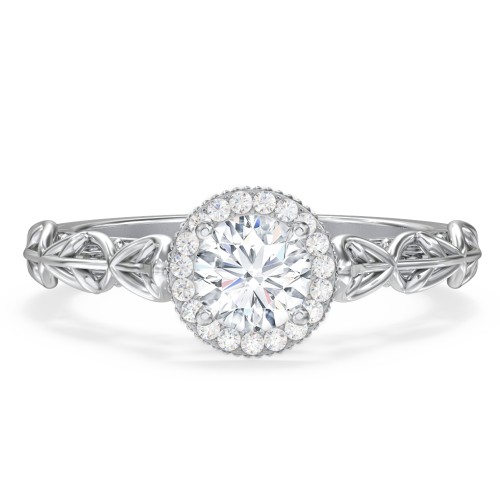 Diamond Halo Engagement Ring with Leaf and Vine Details - "The Ava" – 10K White Gold with Lab Diamond
