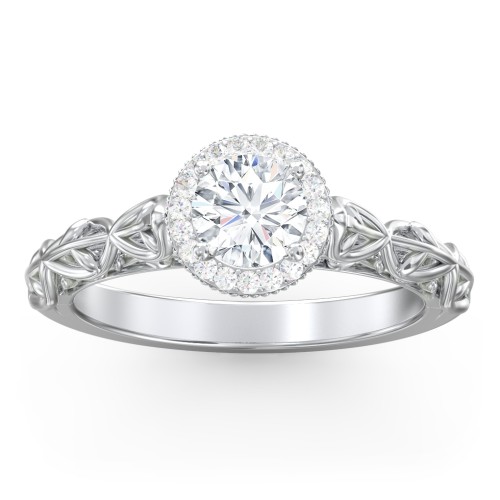 Diamond Halo Engagement Ring with Leaf and Vine Details - "The Ava" – 10K White Gold with Lab Diamond
